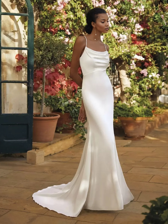 Simple Wedding Dress Satin Square Neck Sleeveless Mermaid Bridal Dresses With Sweep Train