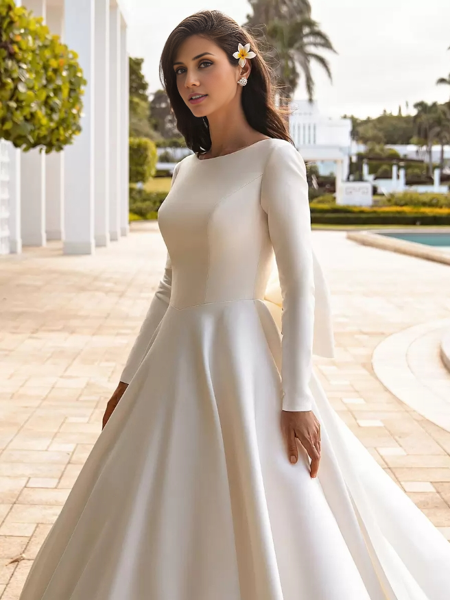 A-Line Vintage Wedding Dresses Jewel Neck Long Sleeves Natural Waist Satin With Train Bows Bridal Gowns