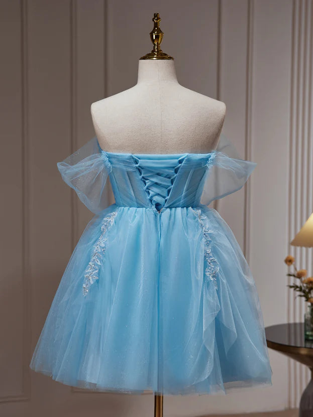 Light Blue Beaded Sweetheart Tulle Lace-up Party Dress Homecoming Dress