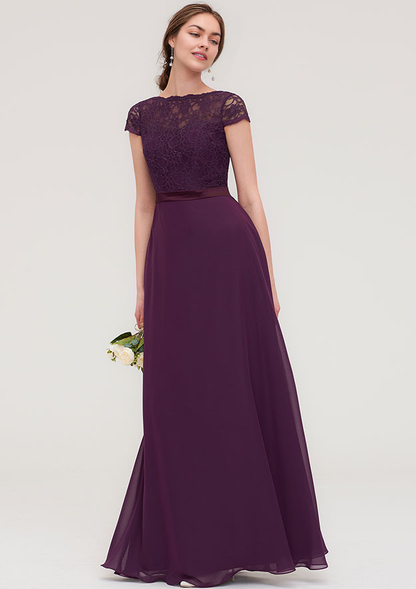 A-line Chiffon Bridesmaid Dress Bateau Short Sleeve Floor-Length With Sashes Lace