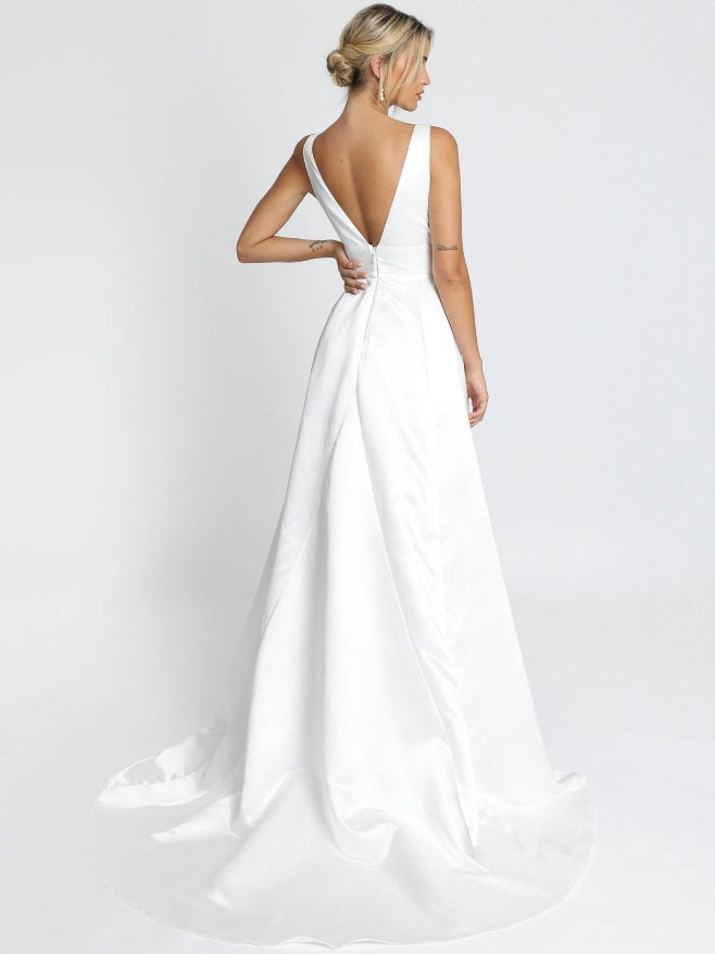 White Simple Causal Wedding Dress Satin V-Neck Sleeveless Backless A-Line Bridal Dresses