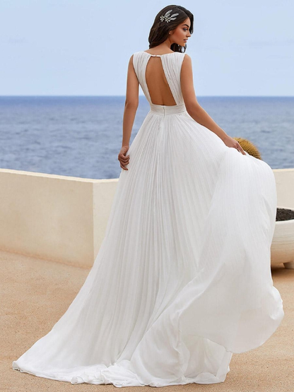 Simple Wedding Dress Chiffon V-Neck Sleeveless Pleated A-Line Backless Bridal Gowns