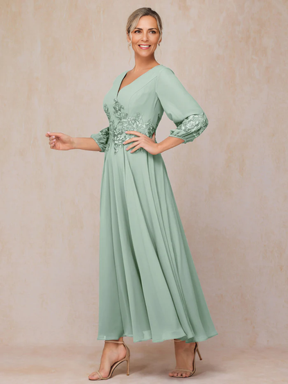 Long Sleeves Appliques Ankle Length Mother of the Bride Dresse Chiffon Wedding Guest Dresses