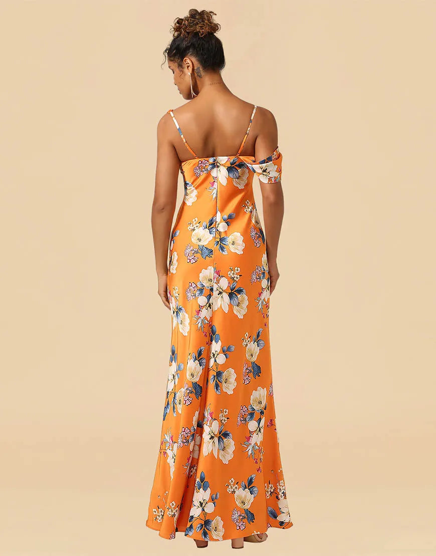 Orange Print Flower Asymmetrical Shoulder Straps Satin Sheath Bridesmaid Dress