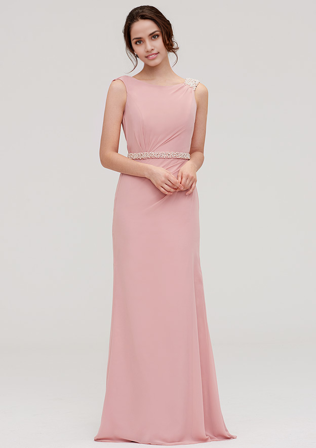 Sleeveless Long Chiffon Bridesmaid Dress With Waistband Beading