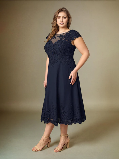 Plus Size Tea Length Chiffon Mother Of The Bride Dress With Lace Appliques