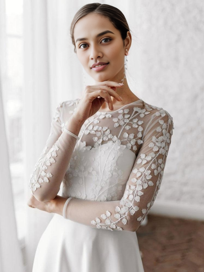 White Simple Causal Wedding Dress A-Line Illusion Neckline Long Sleeves Pearls Train Satin Fabric Lace Bridal Gowns