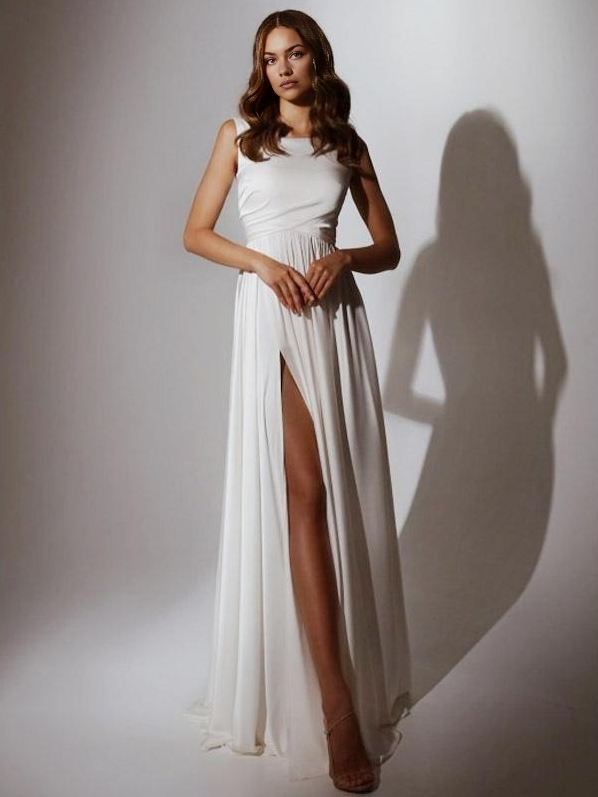 Simple Wedding Dress A-Line Jewel Neck Sleeveless Split Front Bridal Dresses