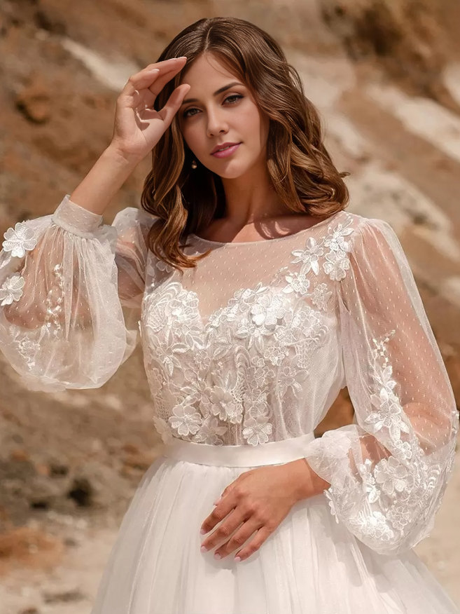 Boho Wedding Dress Lace Lace A-Line Floor-Length Natural Waist Wedding Dress Functional Buttons Long Sleeves Jewel Neck Ivory