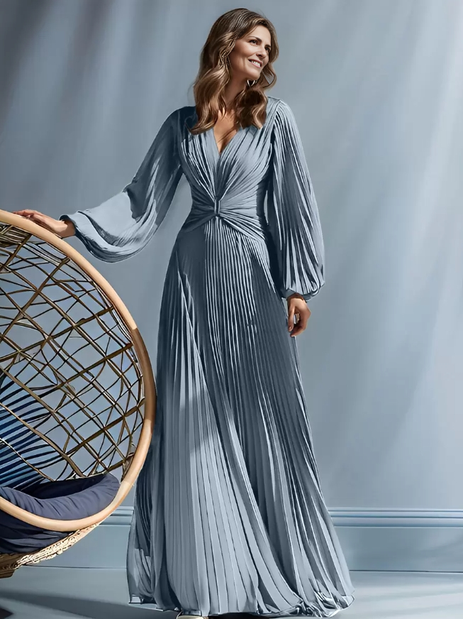 Mother of the Bride Dresse V-Neck Long Sleeves A-Line Pleated Floor-Length Guest Dresses For Wedding