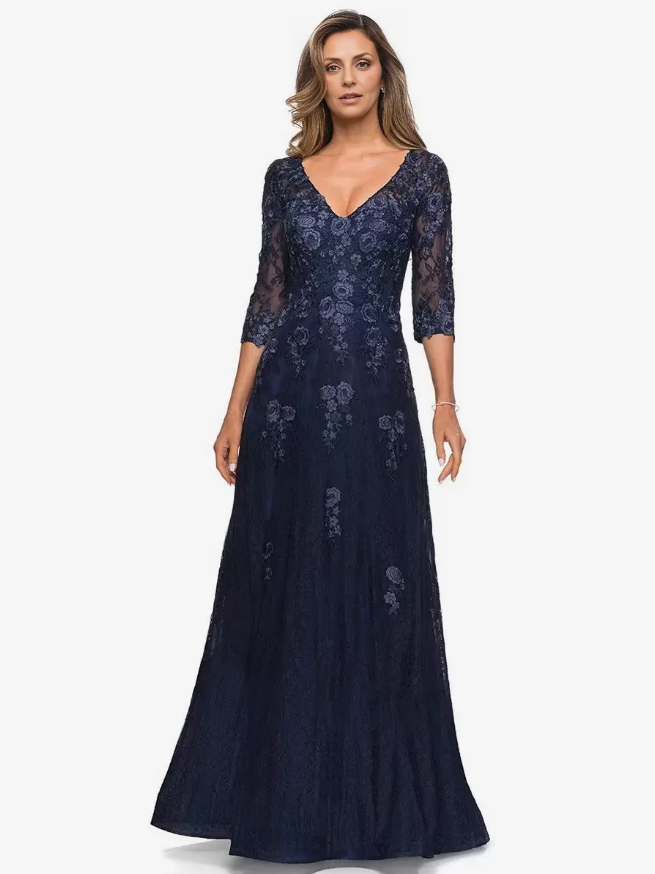 Mother of the Bride Dresse V-Neck Half Sleeves A-Line Lace Long Wedding Guest Party Dresses