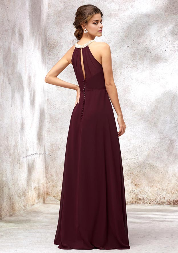 Chiffon Bridesmaid Dress A-line Scoop Neck Sleeveless Long/Floor-Length With Pleated Beading Wedding Guest Dresses