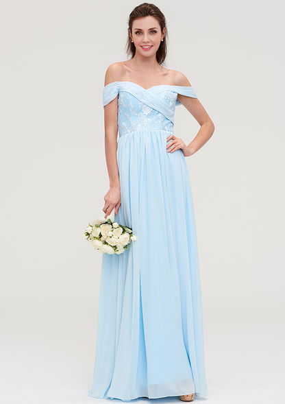 A-line Off-the-Shoulder Sleeveless Long Chiffon Bridesmaid Dresses Wedding Guest Dresses With Pleated Appliqued