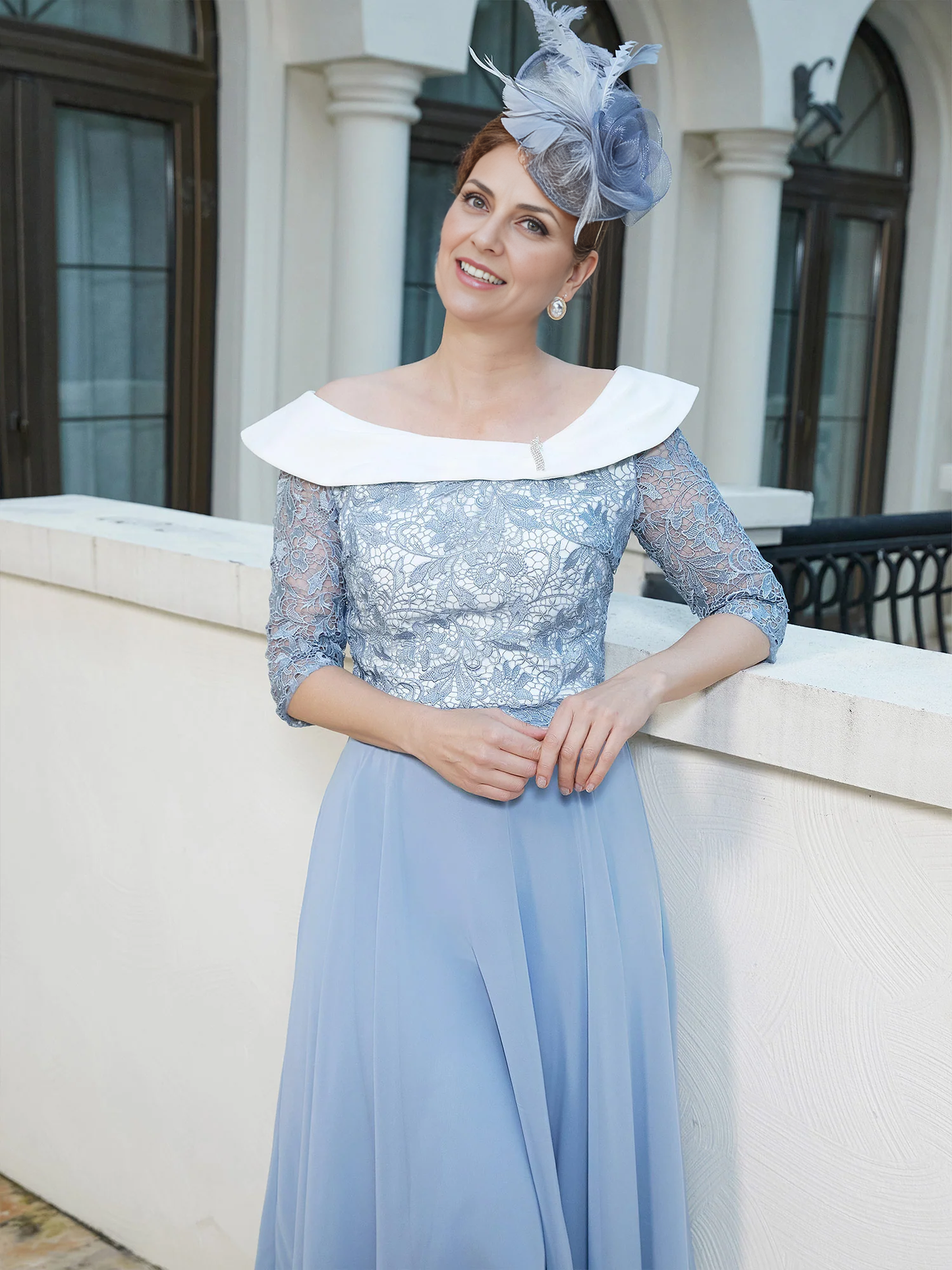 A-line Tea-length Chiffon Dress Dusty Blue Mother of the Bride Dresse