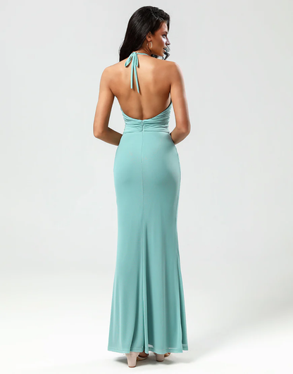 Mermaid Halter Backless Long Bridesmaid Dress with Deep V