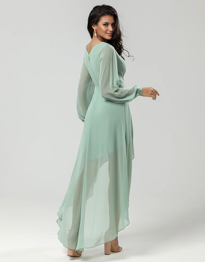 A Line Green Deep V Bridesmaid Dress with Long Sleeves