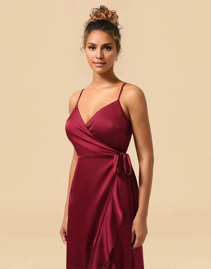 Burgundy Spaghetti Straps Asymmetrical Satin Bridesmaid Dress Wedding Guest Party Dresses