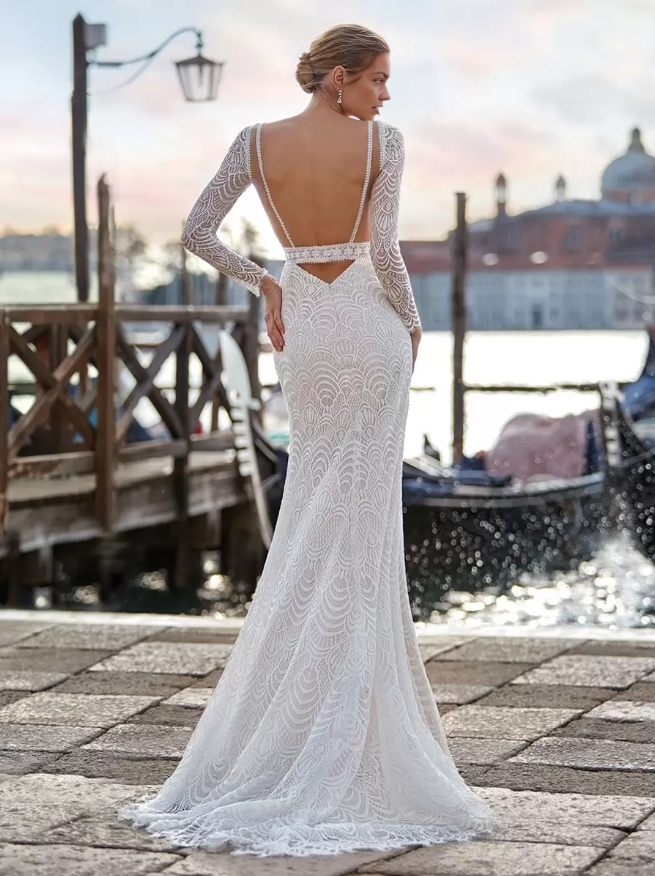 Boho Wedding Dress Lace Cut Out Mermaid With Train Natural Waist Backless Long Sleeves Jewel Neck Ivory Wedding Dress