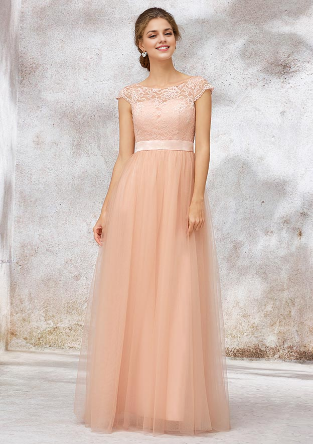 Bridesmaid Dress A-line Bateau Sleeveless Long/Floor-Length With Sashes Lace Prom Dresses