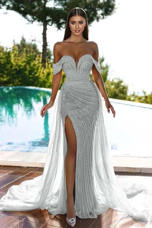 Mermaid Off-The-Shoulder Sweetheart Evening Dress Sequins Beadings With Slit Tulle