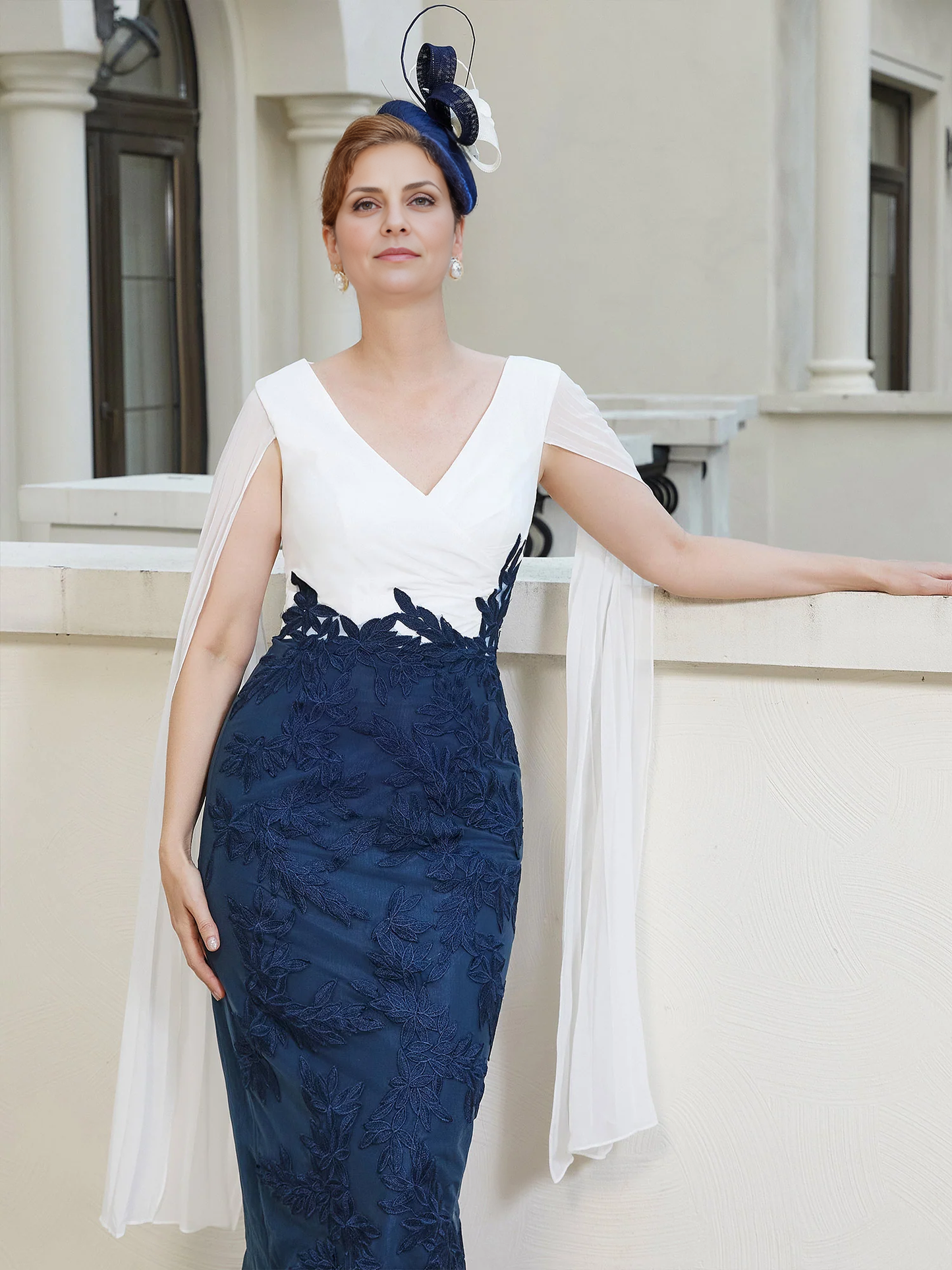 Stretch Crepe Scoop Tea-length Dress Navy Blue Mother of the Bride Dresse