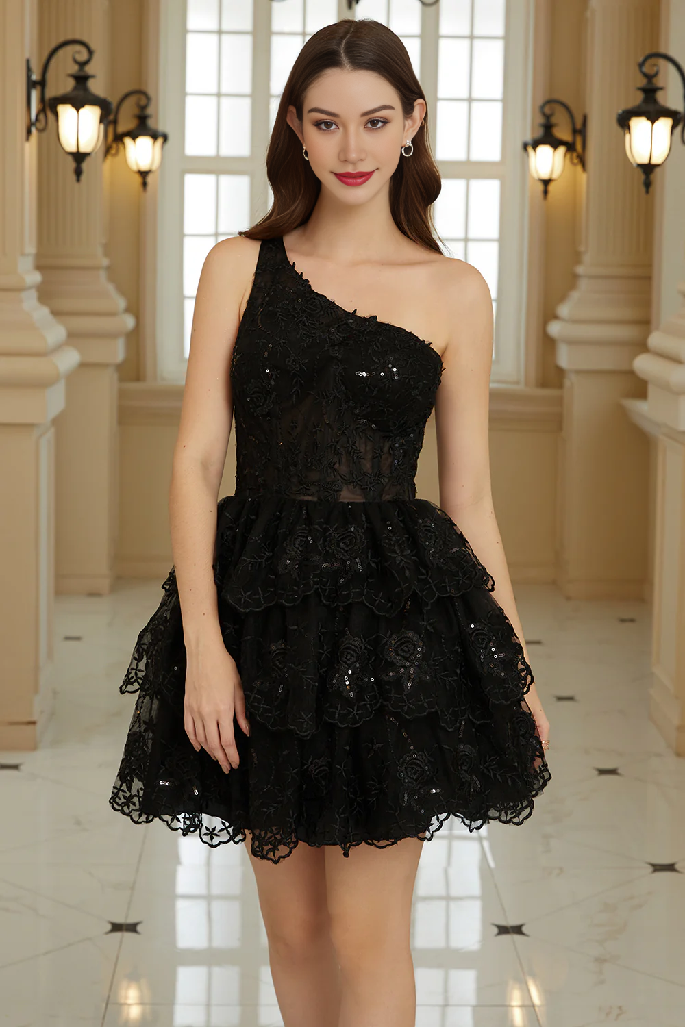 A Line One Shoulder Black Short Homecoming Dress with Appliques