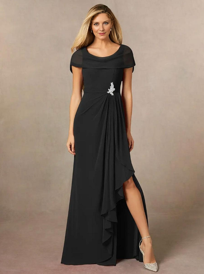 V-Neck Short Sleeves A-Line Pleated Floor-Length Wedding Guest Dresses Chiffon Mother of the Bride Dresse