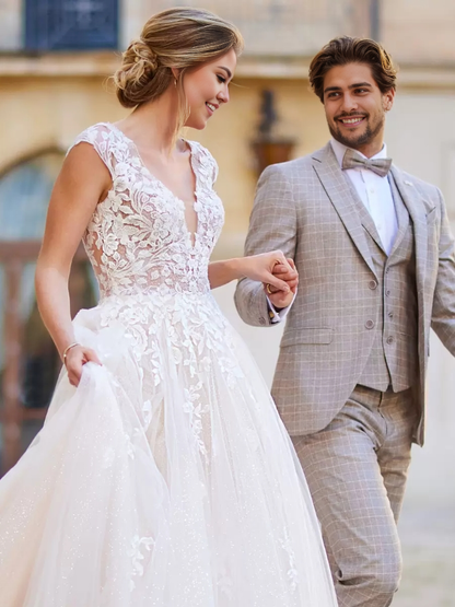 Wedding Dress A-Line With Train V-Neck Short Sleeves Natural Waist Lace Bridal Gowns