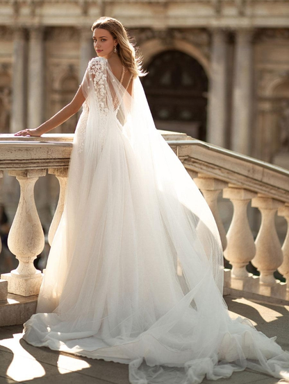 Wedding Dress With Train A-Line Sleeveless Lace Illusion Neckline Bridal Gowns High Slit