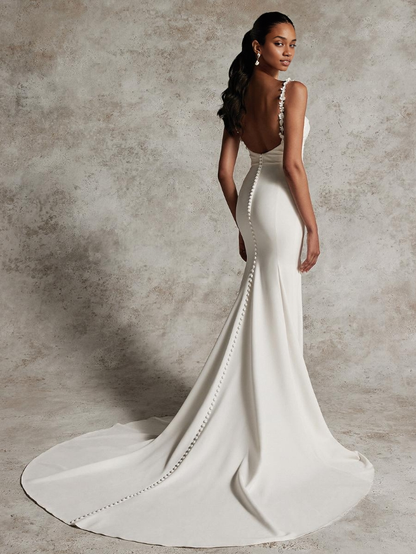 Simple Wedding Dress Mermaid Jewel Neck Sleeveless Applique Bridal Gowns With Slit