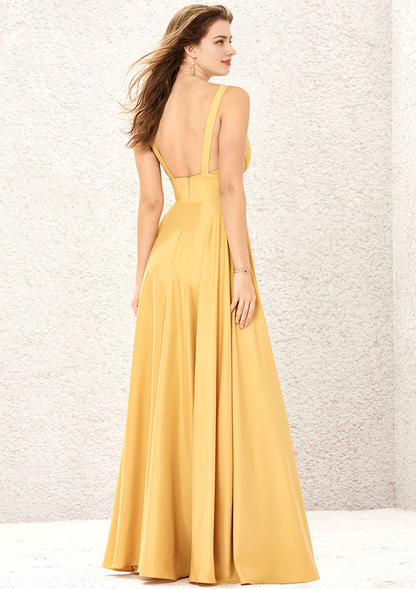 V Neck Sleeveless Charmeuse Floor-Length Bridesmaid Dress With Split