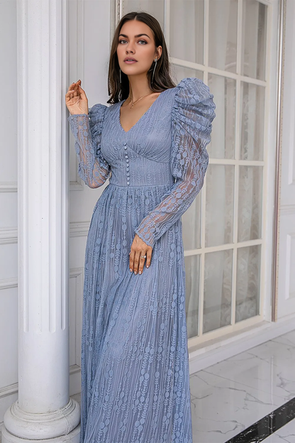 A-Line Blue Lace Long Prom Dress Wedding Guest Party Dresses with Sleeves