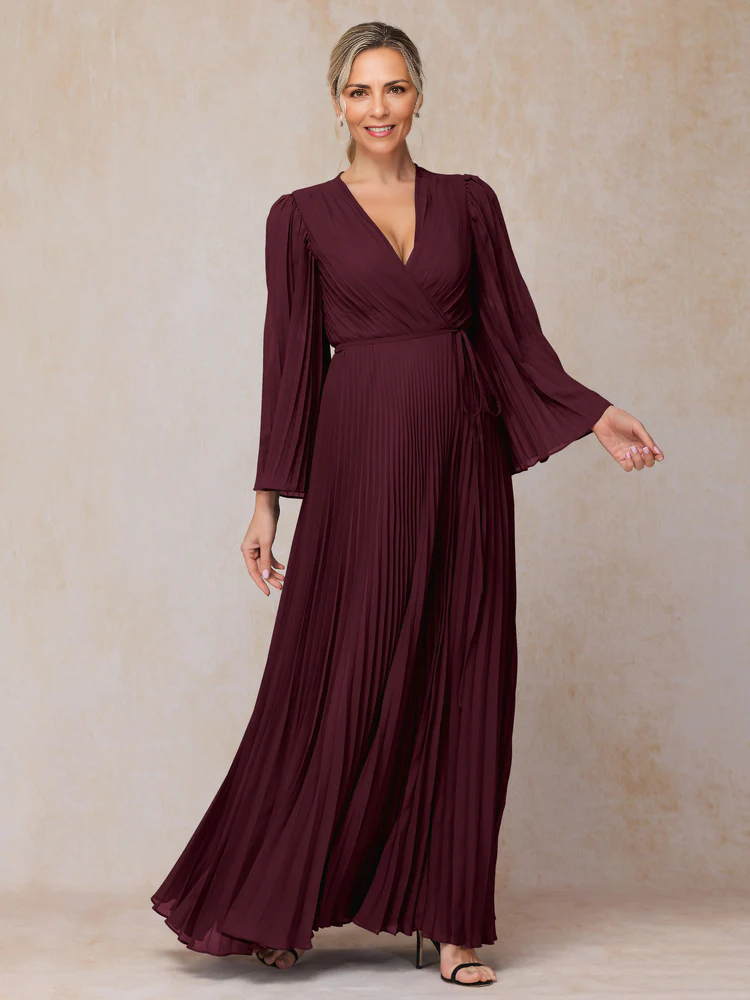 Long Sleeves V-Neck Floor Length Formal Chiffon Mother Of The Bride Dress