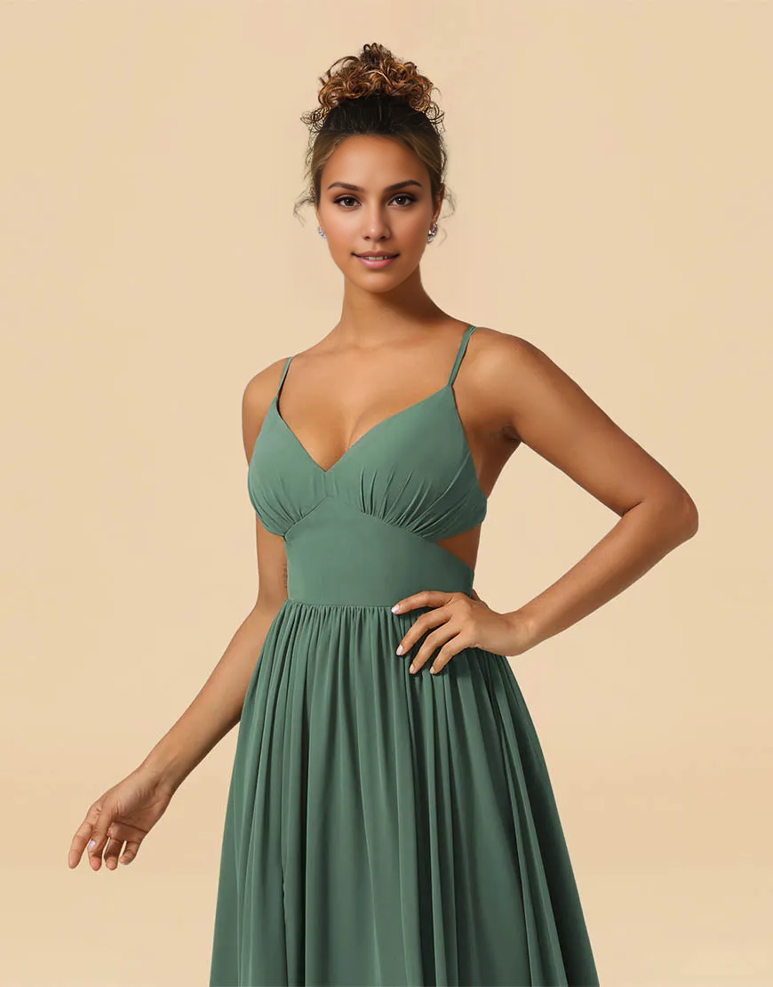 A-Line Spaghetti Straps Floor Length Chiffon Bridesmaid Dress Wedding Guest Party Dresses with Split