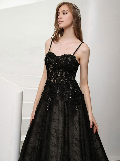 Gothic Wedding Dresses Lace A-Line Sleeveless Natural Waist Lace Court Train Bridal Gown