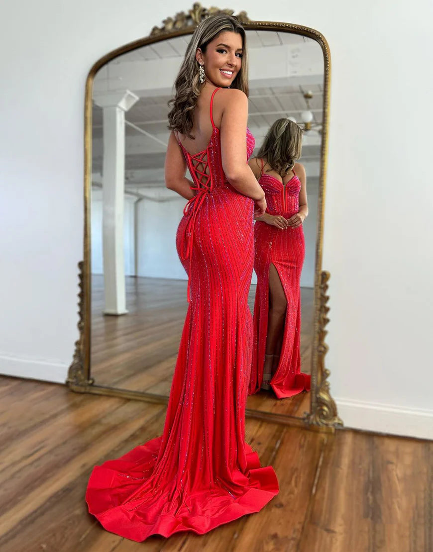 Red Beaded Spaghetti Straps Long Prom Dress With Lace Up Back