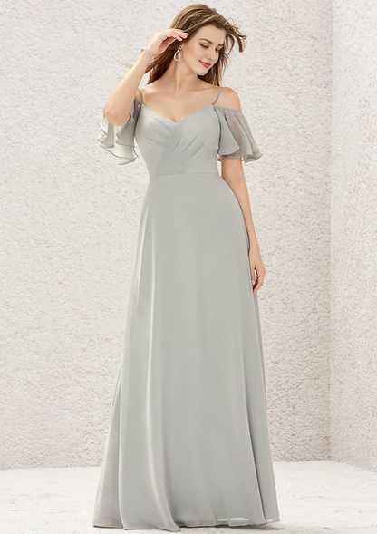 Sweetheart Short Sleeve Long Chiffon Bridesmaid Dress With Pleated