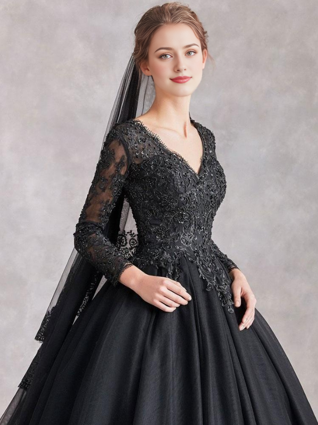 Gothic Black Wedding Dresses A-Line Long Sleeves Lace With Train Bridal Dress