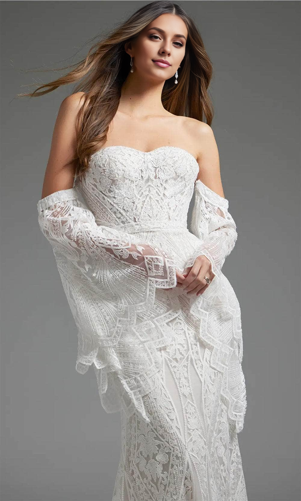 Bell Sleeve Lace Bridal Gown Floor-length Sweetheart Wedding Dress