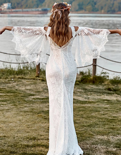 Lace Cold Shoulder Mermaid Cape Sleeves Boho Wedding Dress