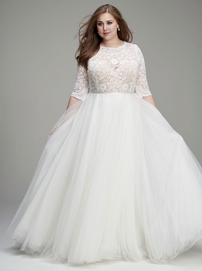 Simple Wedding Dress A-Line Jewel Neck 34 Length Sleeves Lace Tulle Bridal Gowns