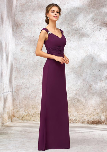 Chiffon Bridesmaid Dress Sheath/Column V Neck Long With Sashes Pleated Beading Wedding Guest Party Dresses