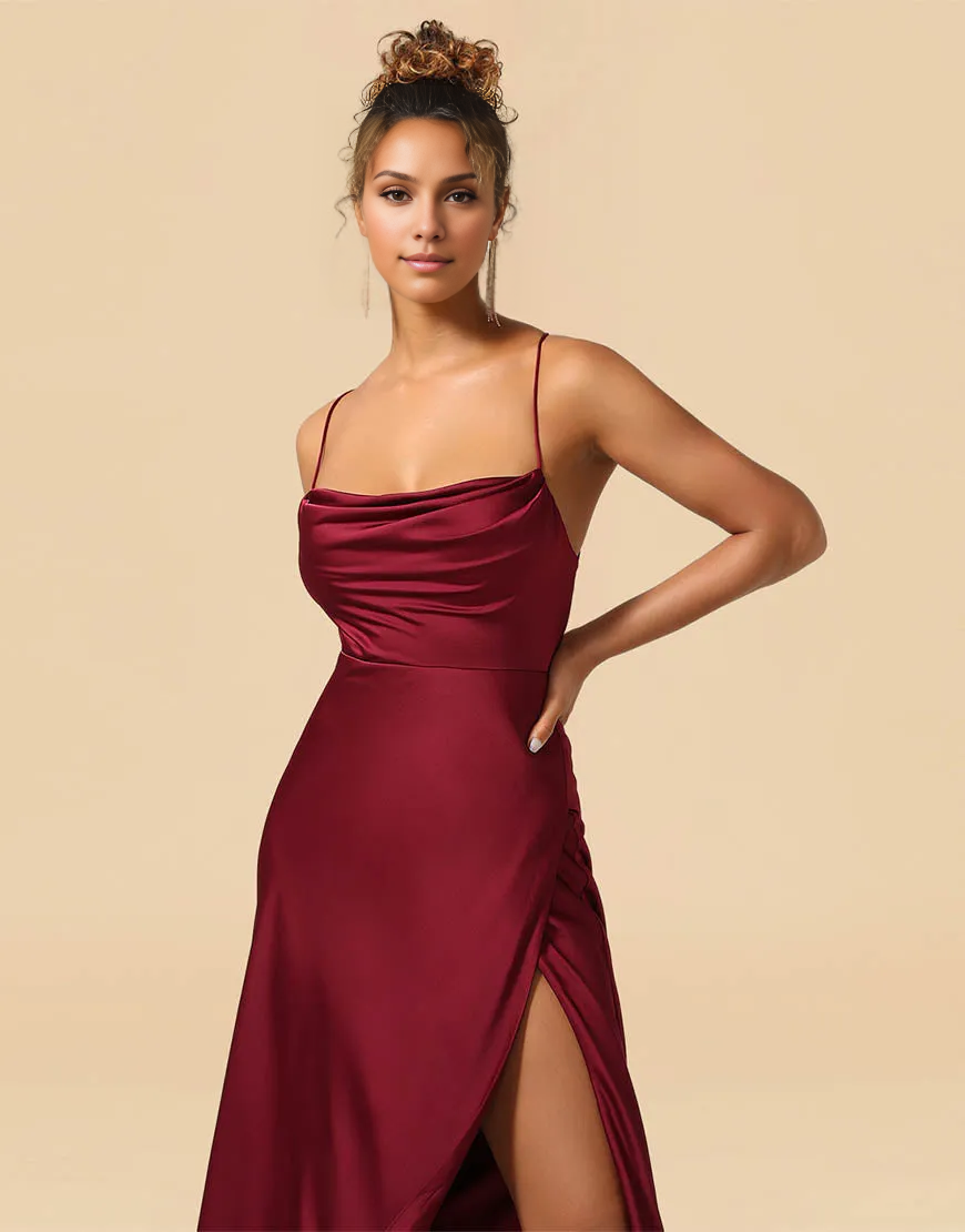 Burgundy Satin Spaghetti Straps Lace Up Sheath Bridesmaid Dresses With Slit