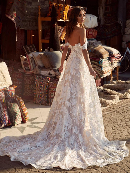 Boho Wedding Dress Lace A-Line Court Train Natural Waist Backless Sleeveless Sweetheart Neck Ivory Bride Gown