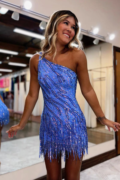 Cute Bodycon Scoop Neck Blue Sequin Long Prom Dresses with Beading