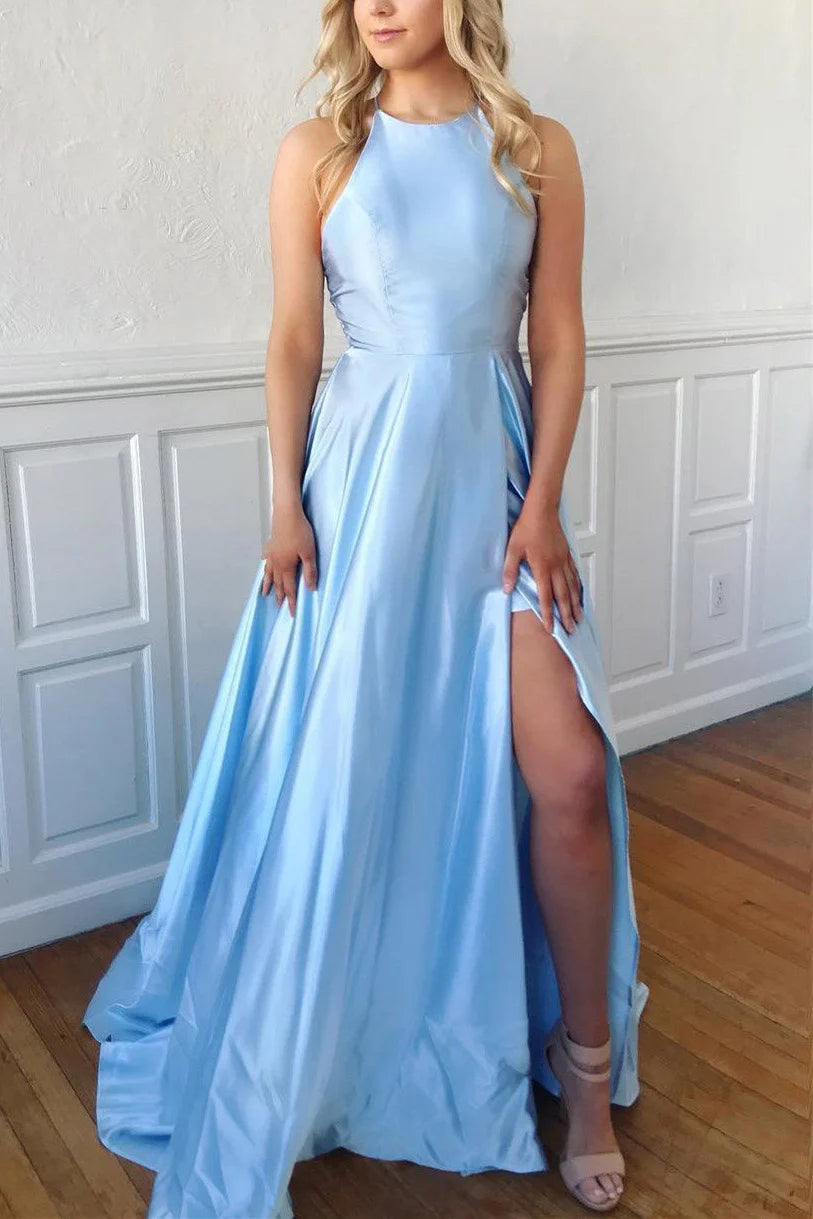 A-Line Light Sky Blue Long Prom Dress with Lace Up Back