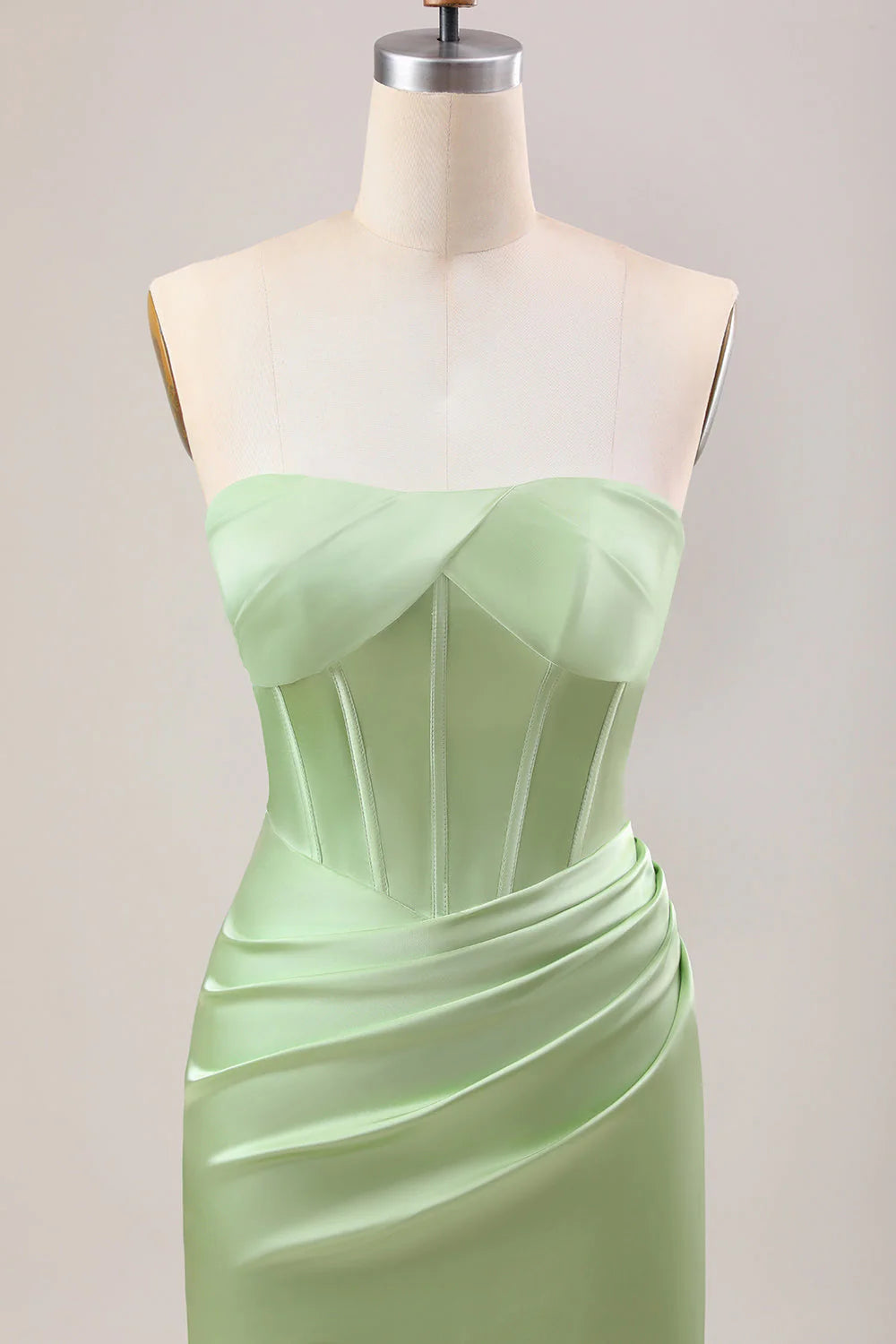 Green Mermaid Strapless Pleated Bridesmaid Dress With Slit