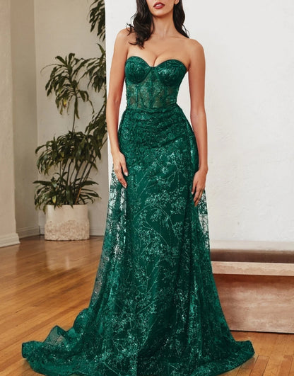 Floral Applique Strapless Fitted Evening Gown Lace Prom Party Dress Floor Length