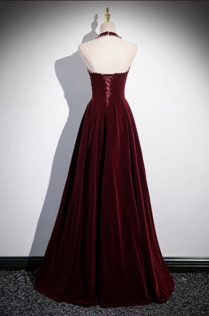 Halter Burgundy Velvet Prom Dress With Beading Peacock