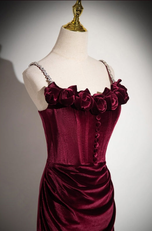 Elegant Velvet Burgundy Floor-length Prom Dress With Flower Neck